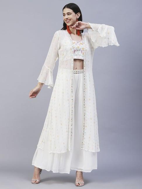 fashor white embroidered crop top palazzo set with jacket