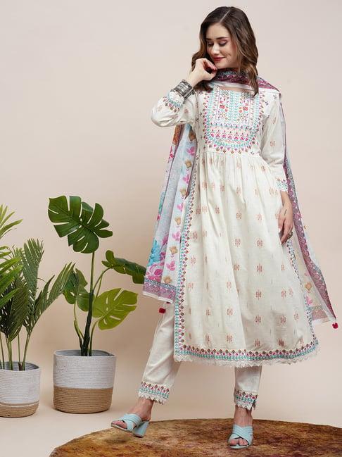 fashor white embroidered kurta pant set with dupatta