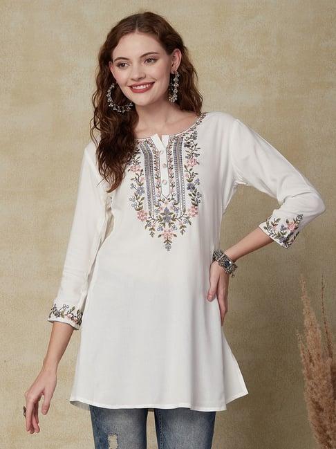 fashor white embroidered straight short kurti