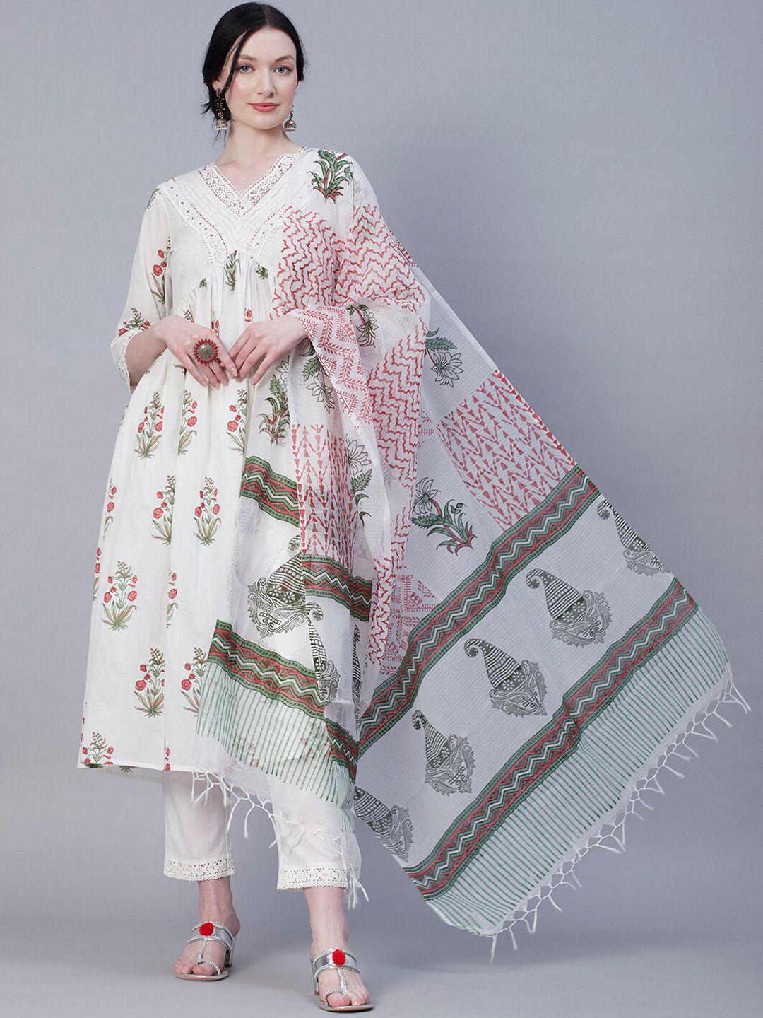 fashor white ethnic motifs block printed pure cotton a-line kurta & trousers with dupatta