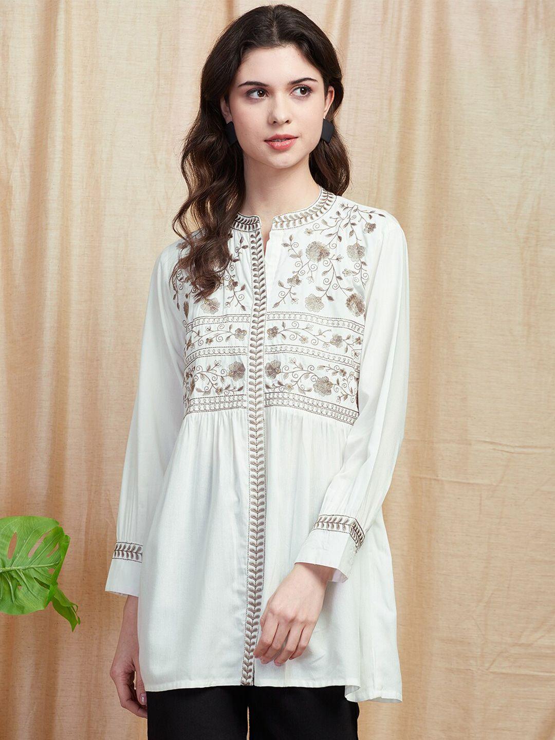 fashor white ethnic motifs embroidered cuffed sleeves thread work pleated a-line kurti