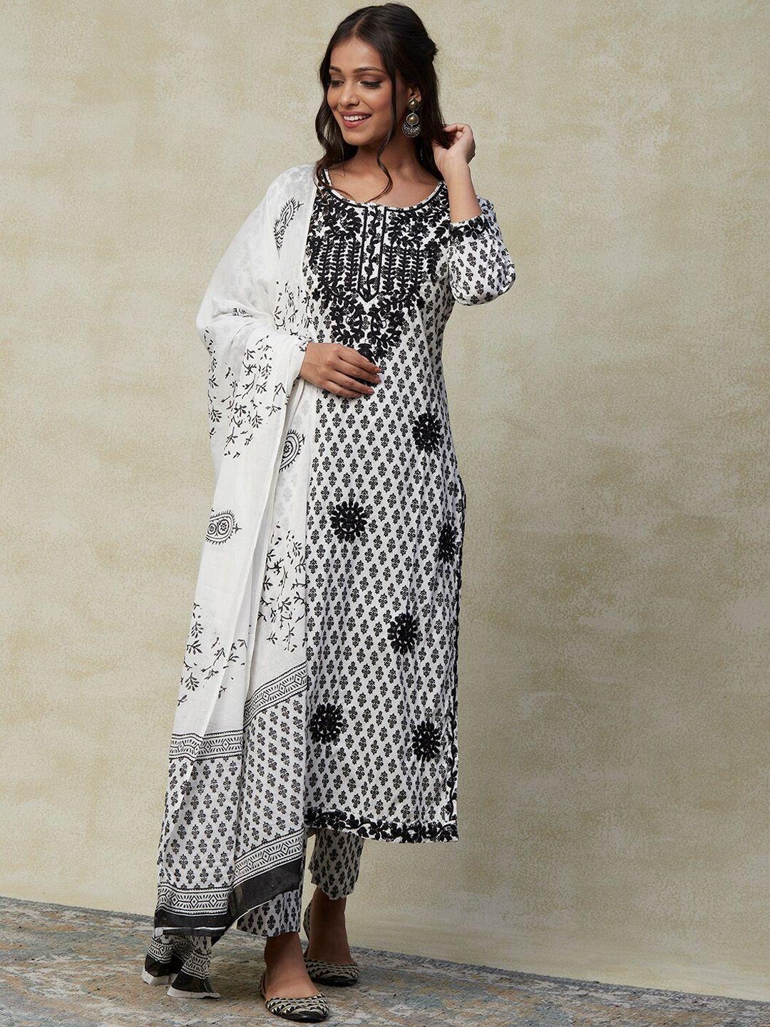 fashor white ethnic motifs printed thread work cotton kurta with trousers & with dupatta