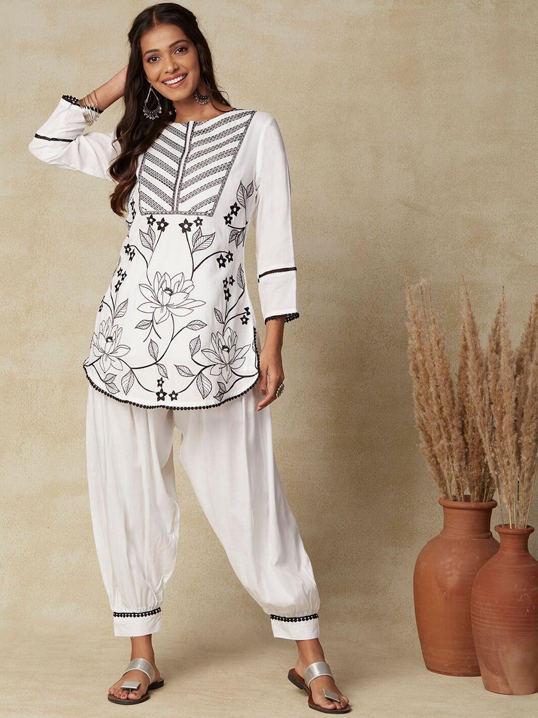 fashor white floral embroidered thread work kurta with salwar