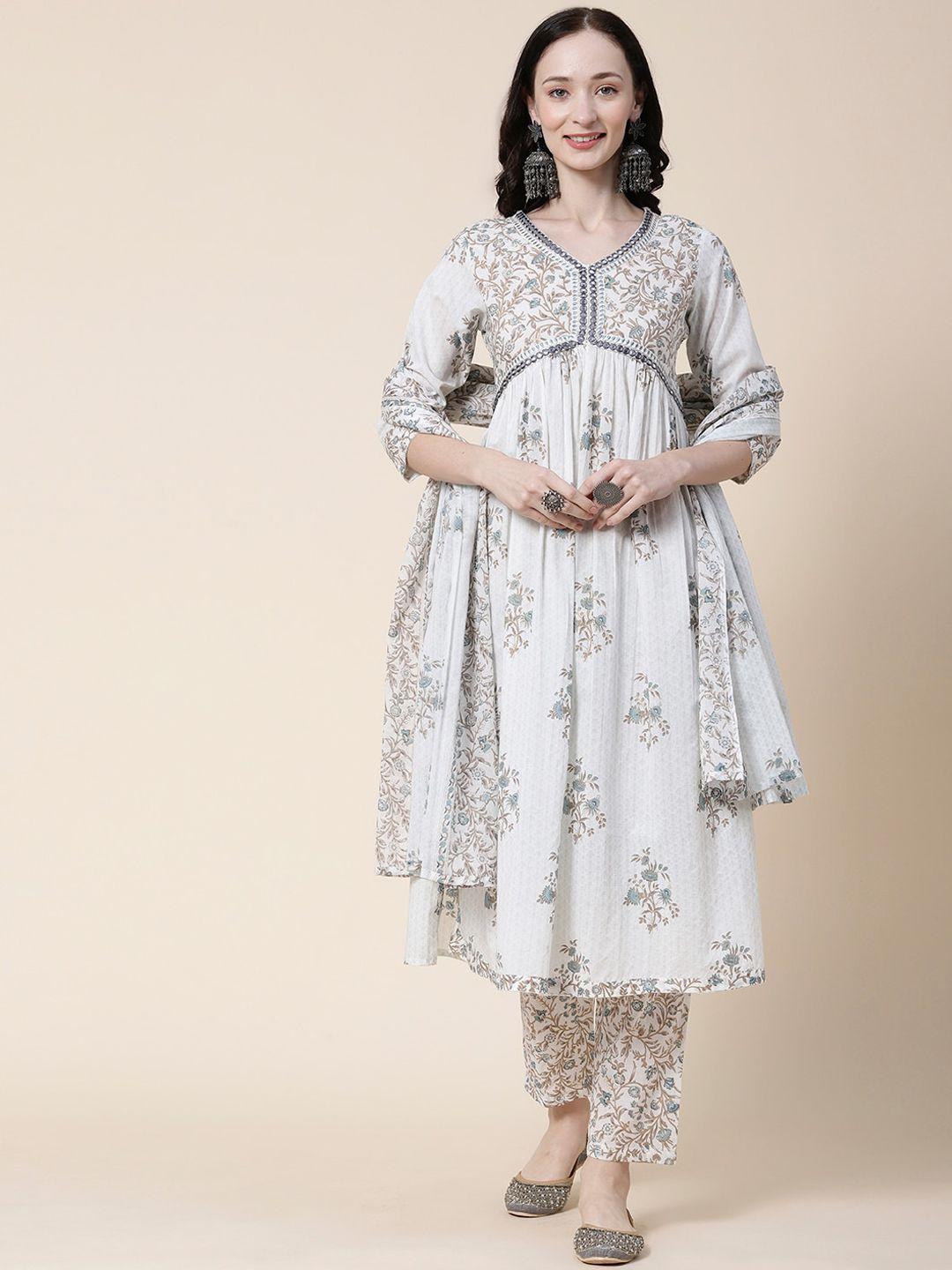 fashor white floral printed empire pure cotton kurta & trousers with dupatta