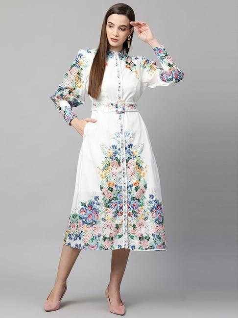 fashor white vintage floral printed straight dress with belt