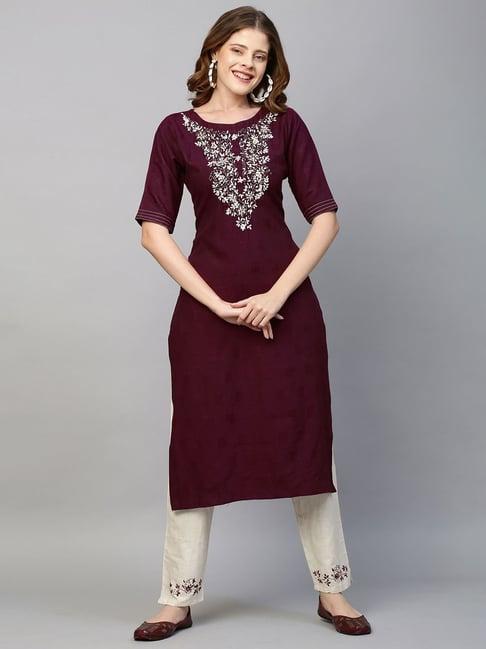 fashor wine & cream embroidered kurta pant set