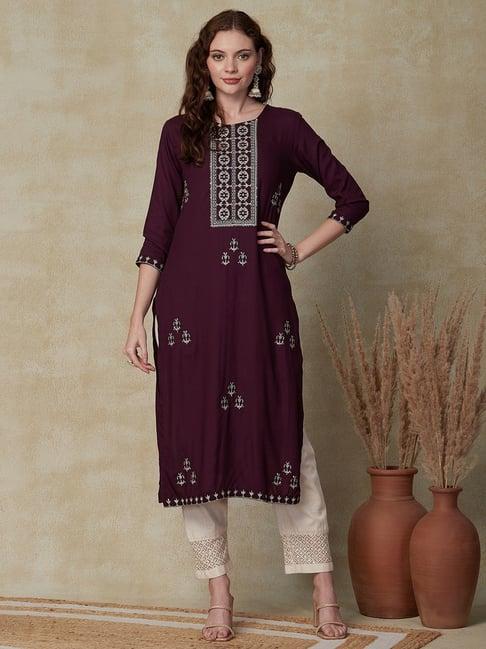 fashor wine embroidered straight kurta