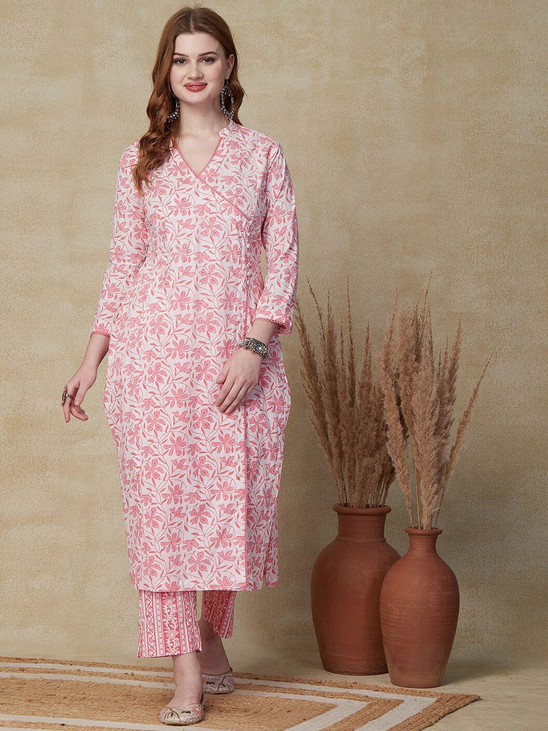 fashor women  floral printed regular mirror work pure cotton kurta with trousers