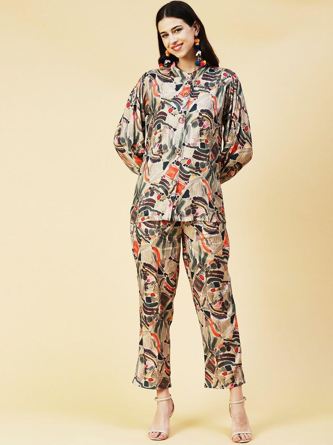 fashor women abstract printed shirt with trousers co-ords