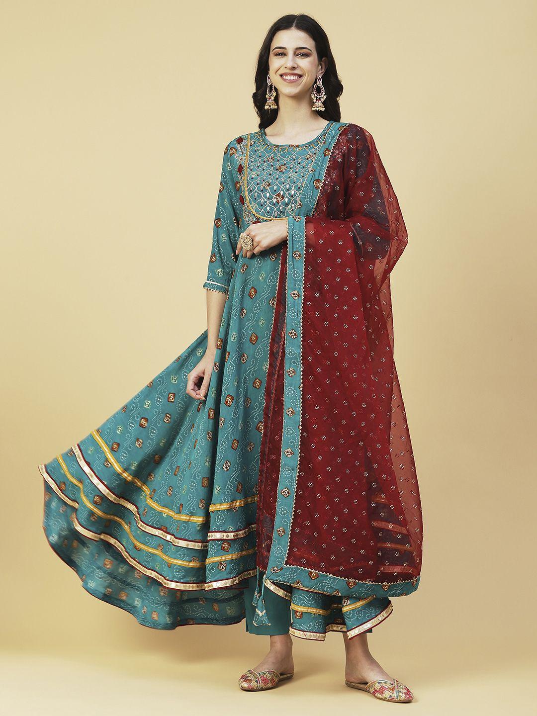 fashor women bandhani printed empire gotta patti kurta with trousers & dupatta