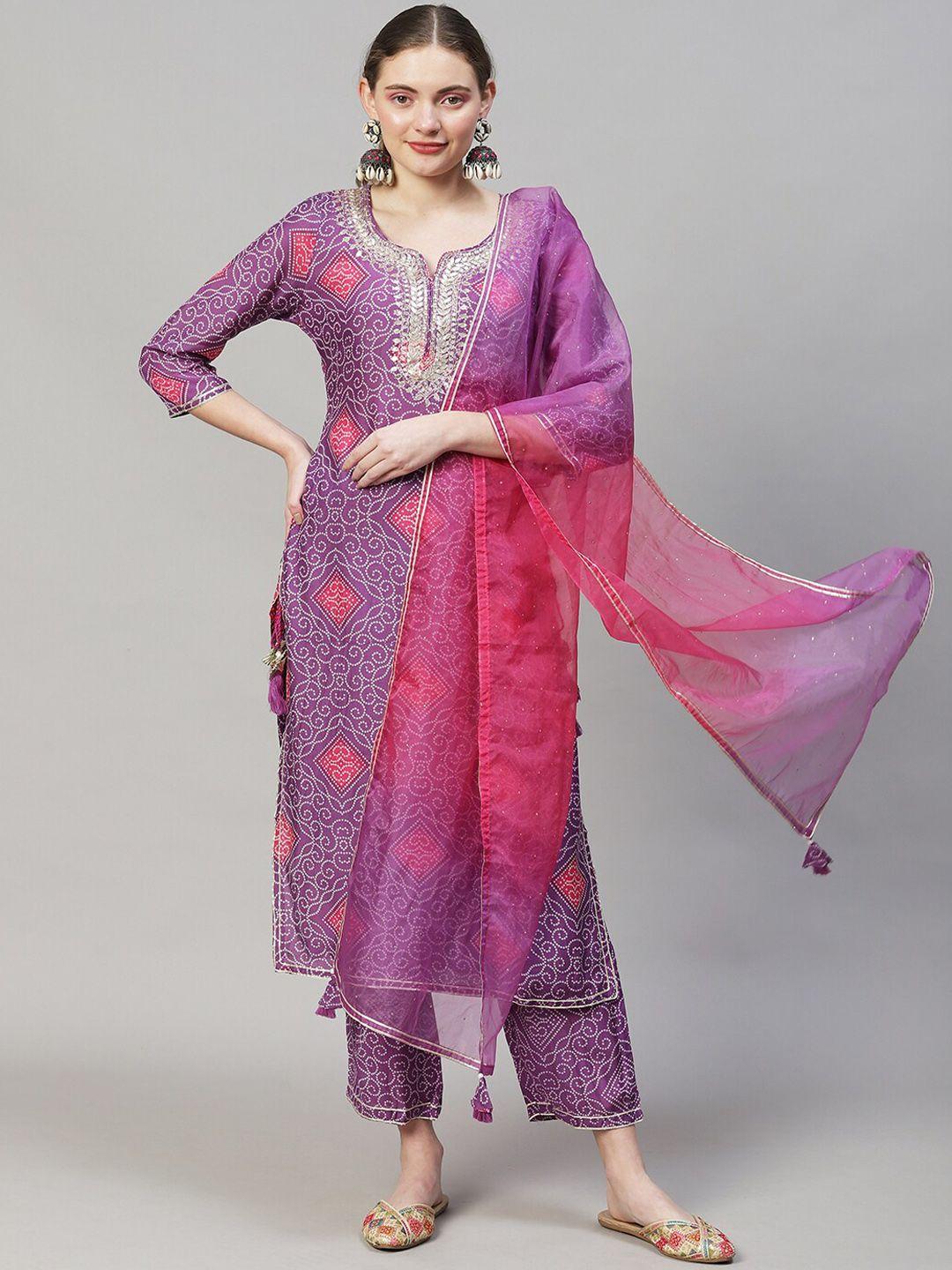 fashor women bandhani printed gotta patti kurta with trousers & with dupatta