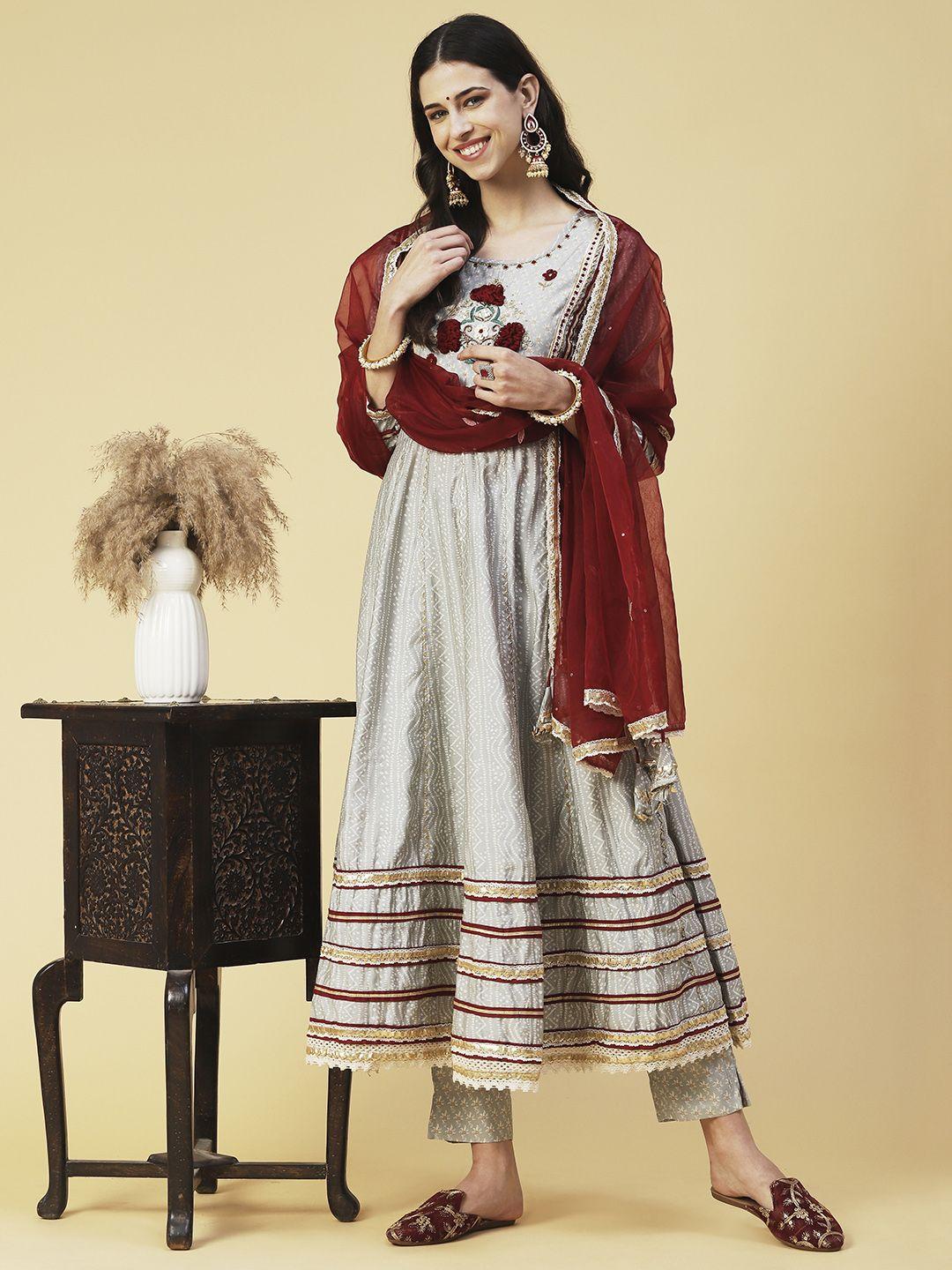 fashor women bandhani printed thread work kurta with trousers & dupatta