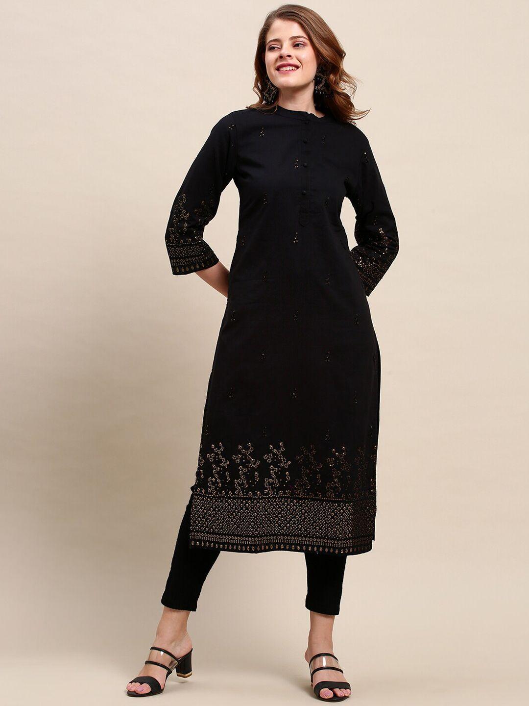 fashor women black & gold-toned embellished cotton kurta