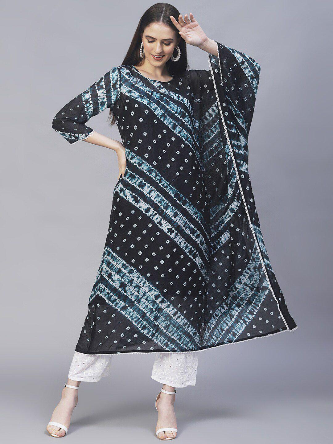 fashor women black bandhani printed kaftan  kurta with trousers