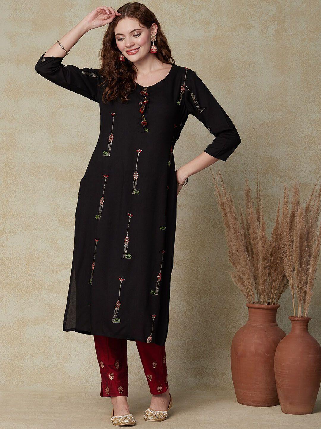 fashor women black embroidered thread work kurta