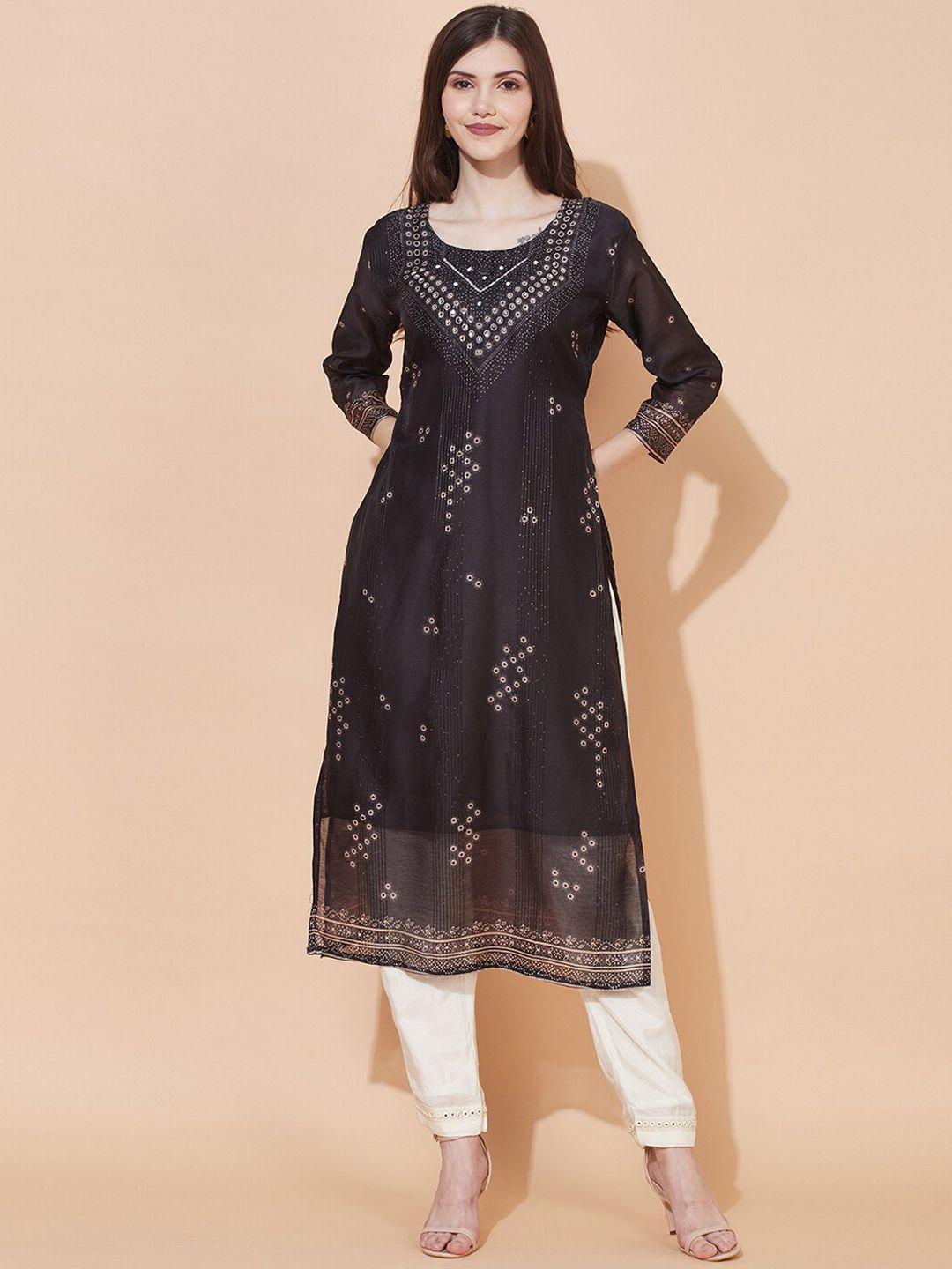 fashor women black ethnic motifs embroidered chanderi silk straight kurta