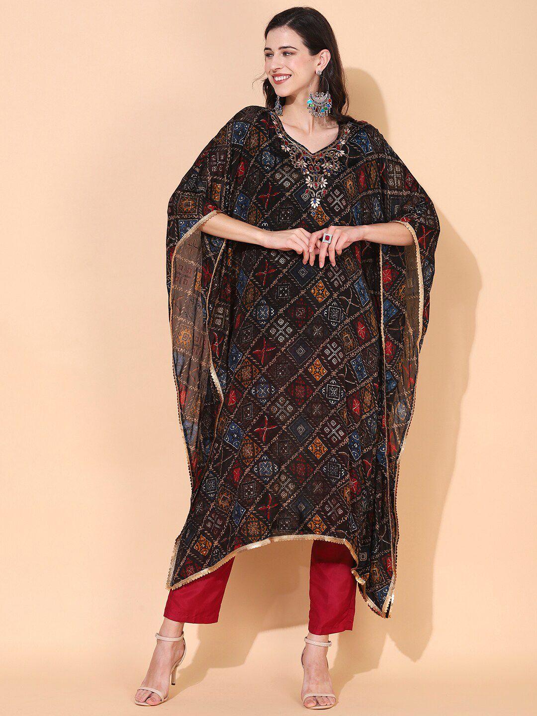 fashor women black ethnic motifs printed flared sleeves kaftan kurta