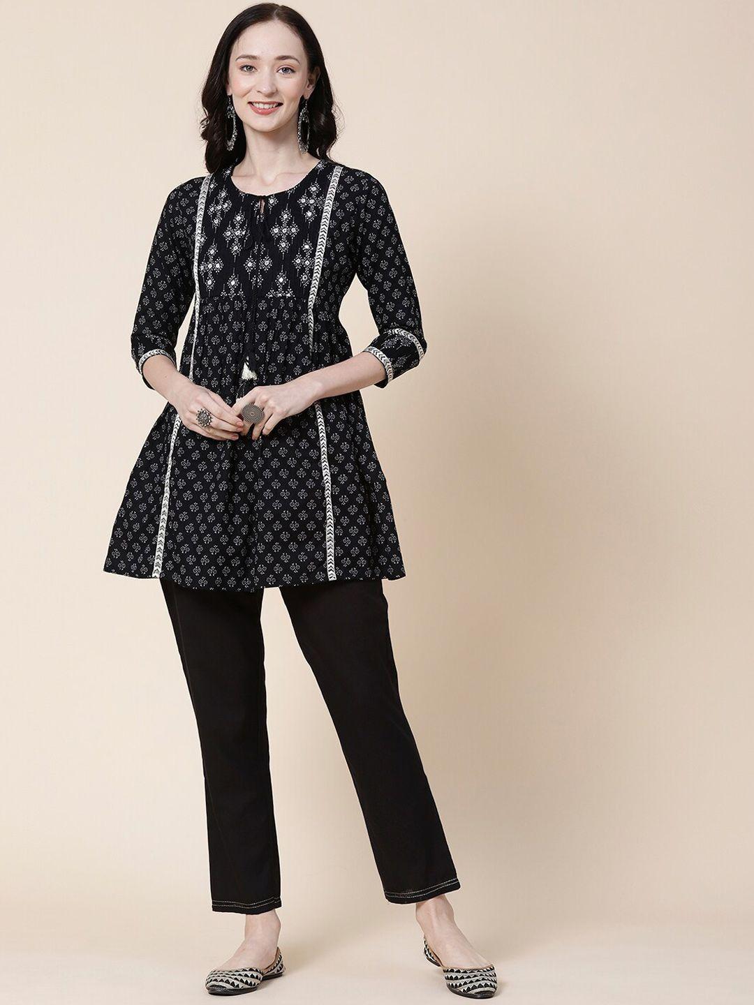 fashor women black ethnic motifs printed pleated mirror work pure cotton kurta with trousers