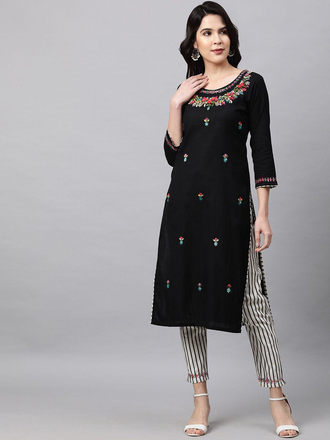 fashor women black floral embroidered kurta with trousers
