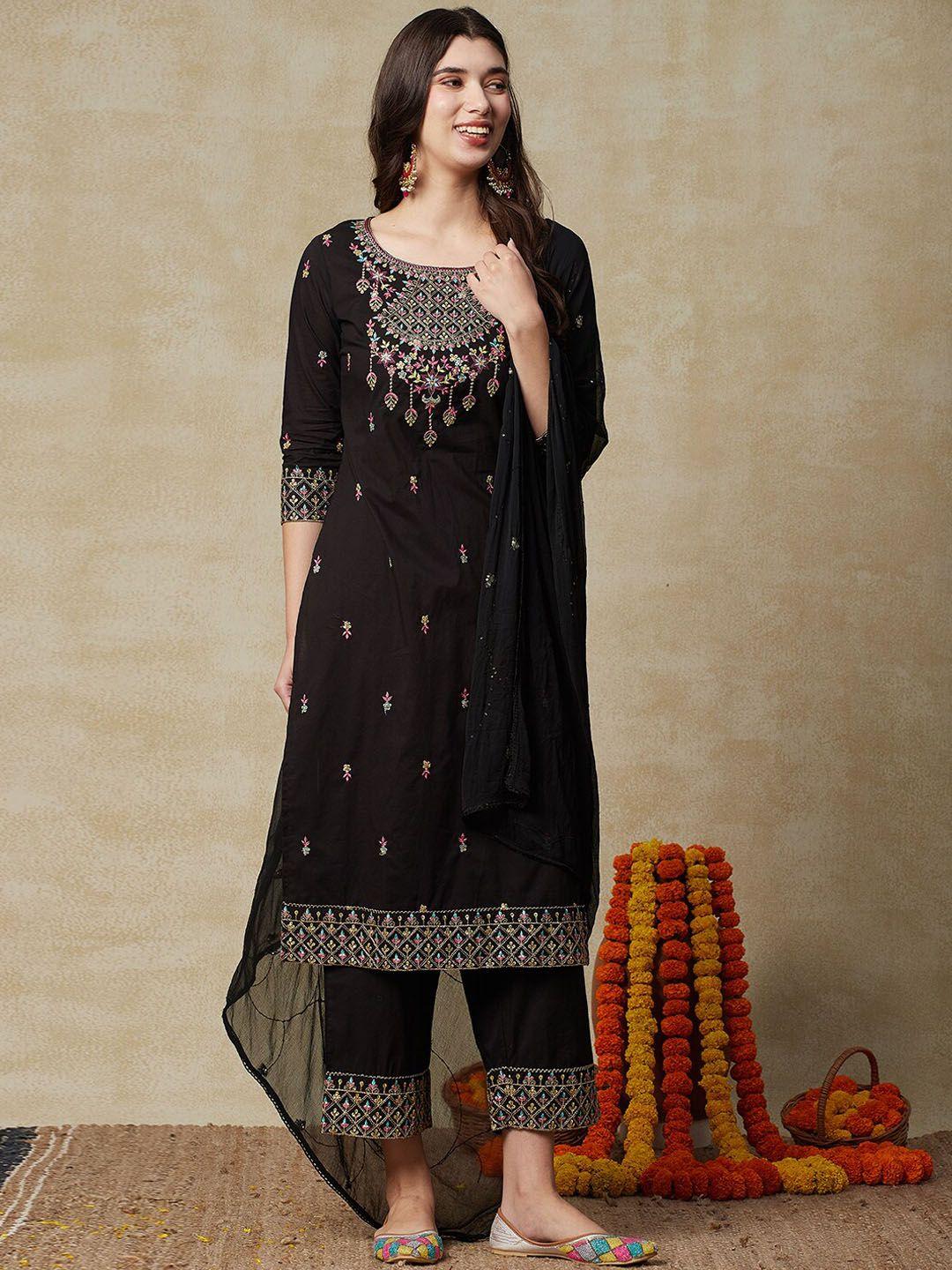 fashor women black floral embroidered regular pure cotton kurta with palazzos & with dupatta