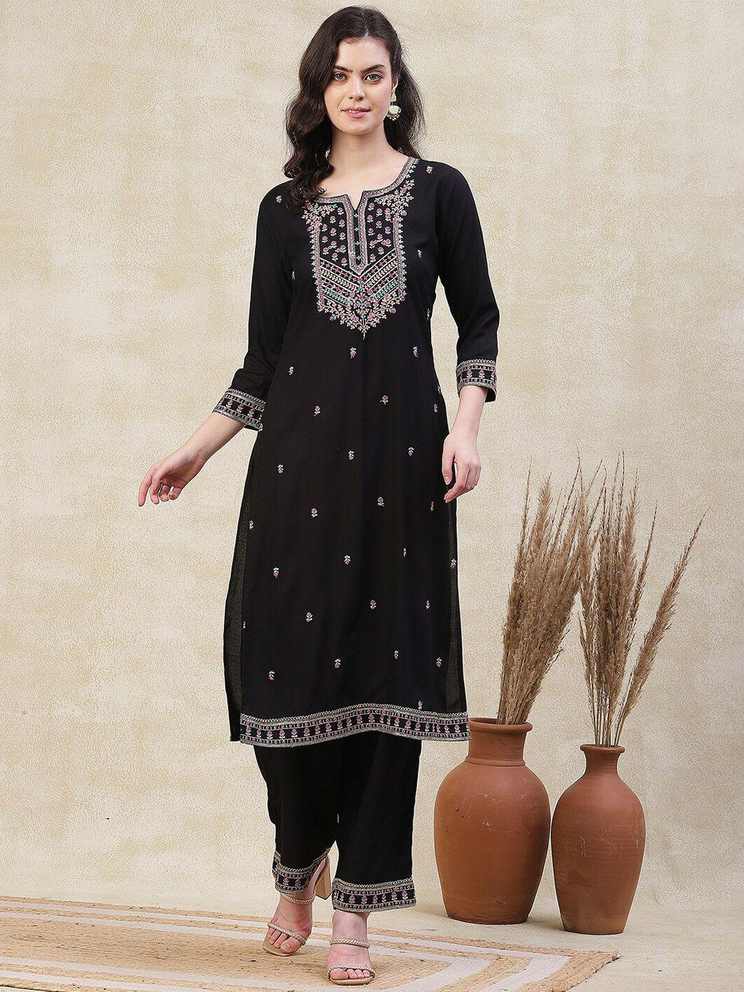 fashor women black floral embroidered regular thread work kurta with palazzos