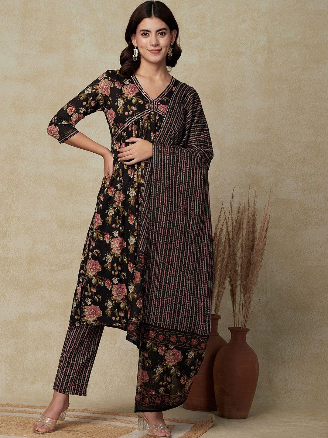 fashor women black floral printed panelled mirror work pure cotton kurta with trousers & with dupatta