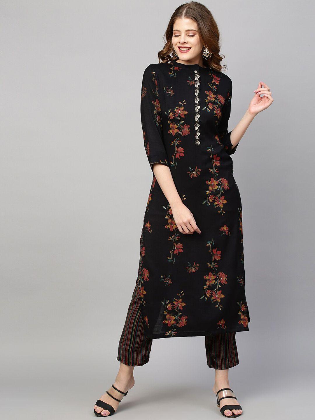 fashor women black printed pure cotton  kurta with trousers