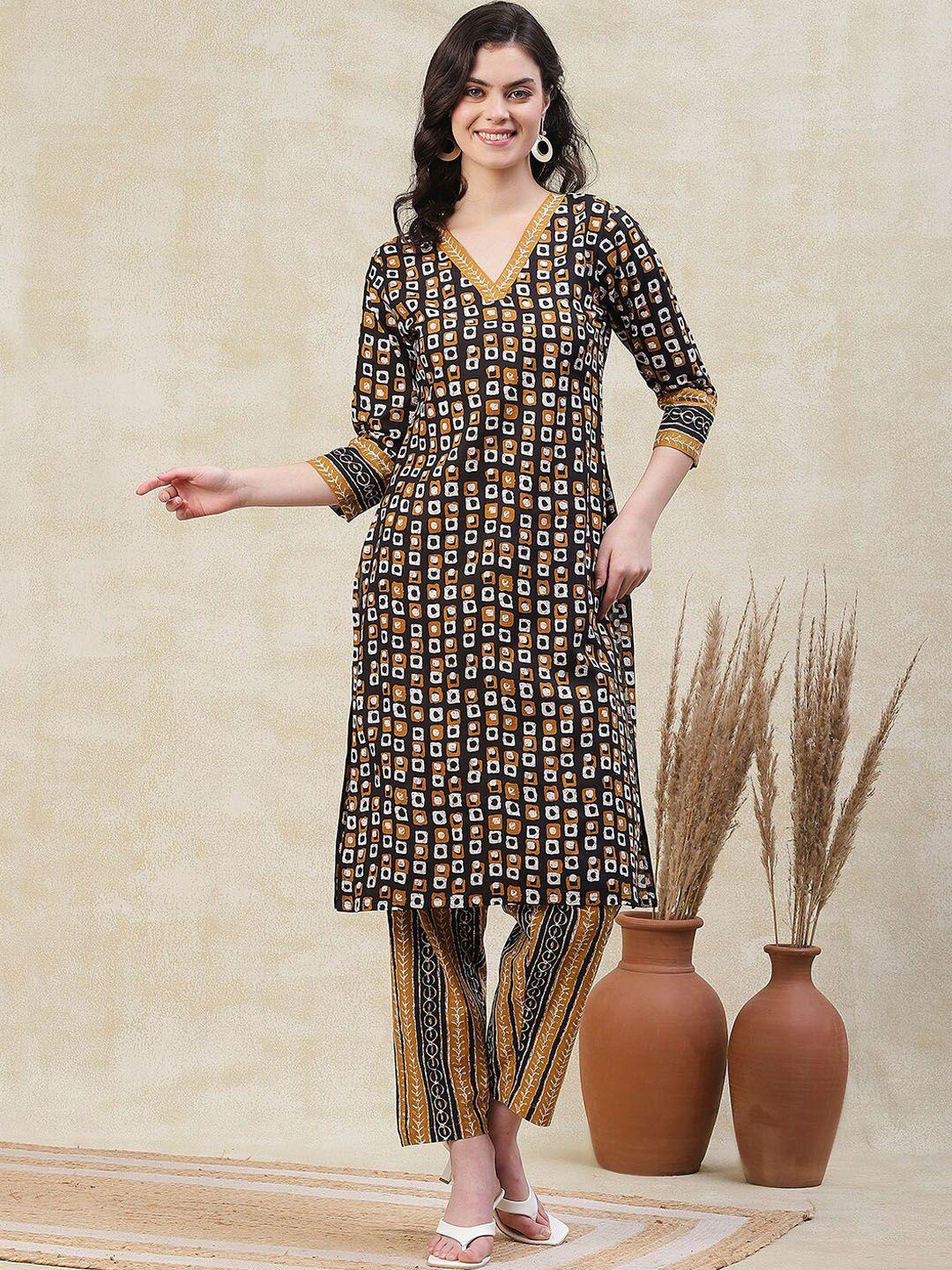 fashor women black printed regular pure cotton kurta with trousers