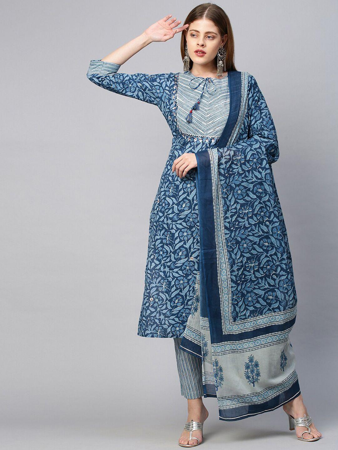 fashor women blue & grey floral block printed pure cotton kurta with trousers & dupatta