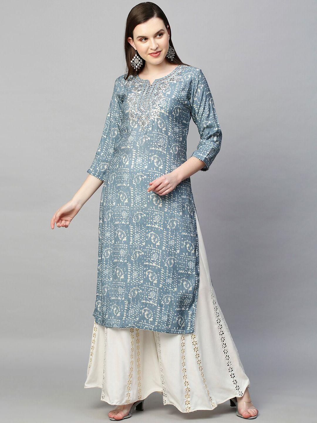fashor women blue & off white paisley foil printed thread work kurta