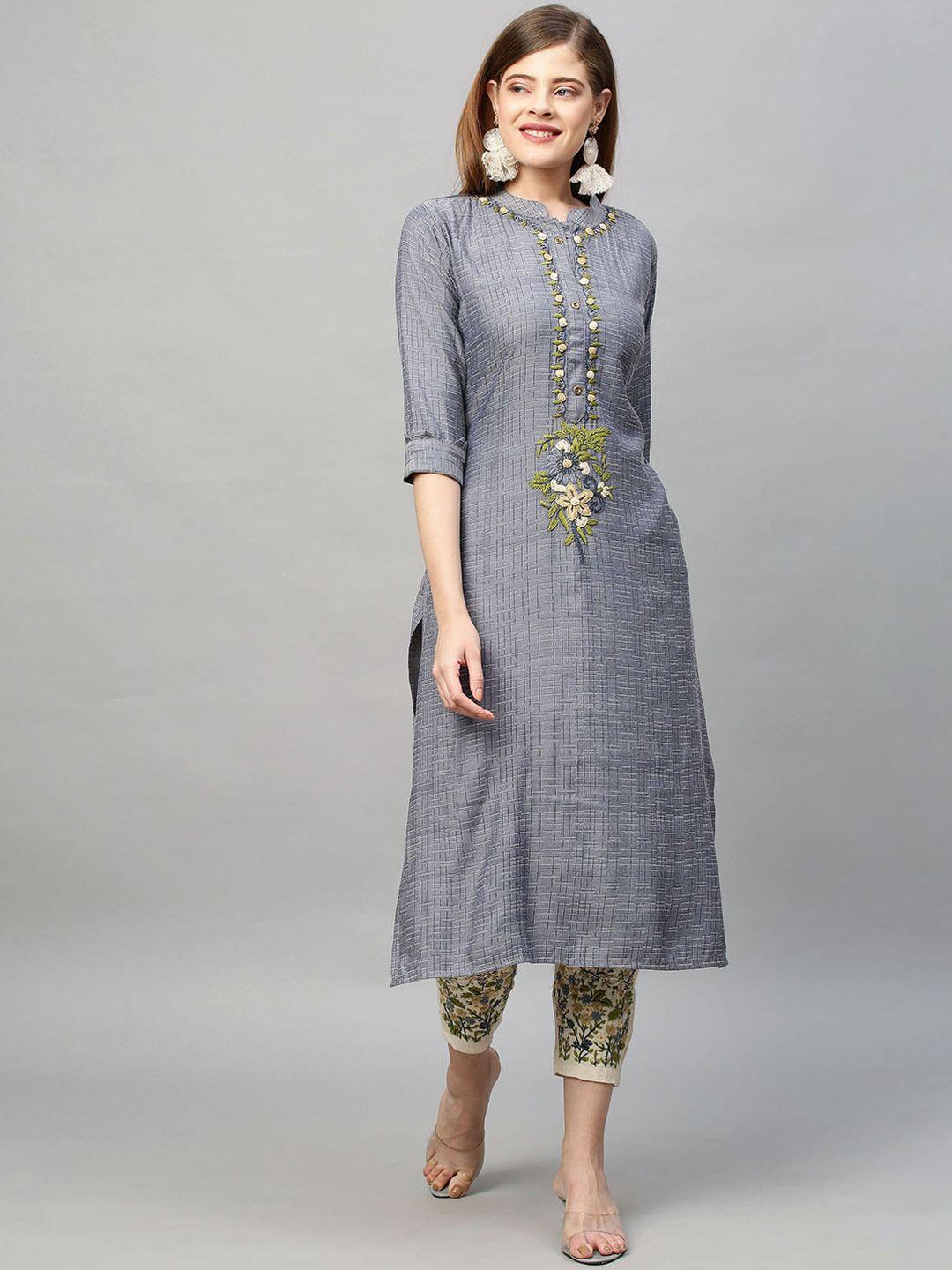 fashor women blue embroidered layered beads and stones dupion silk kurti with trousers & with dupatta