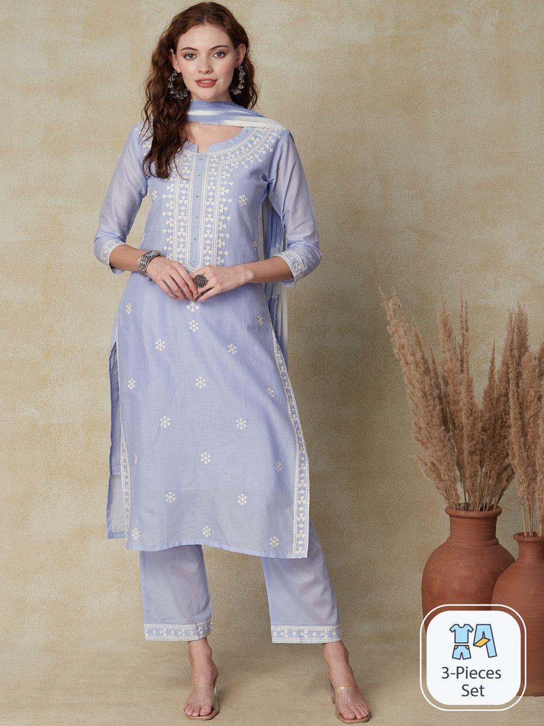 fashor women blue ethnic motifs embroidered regular thread work pure cotton kurta with trousers & with