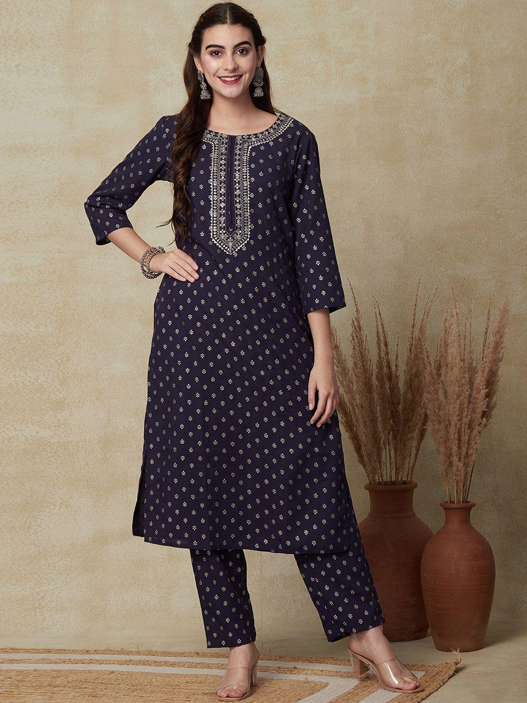 fashor women blue ethnic motifs printed regular linen kurta with trousers