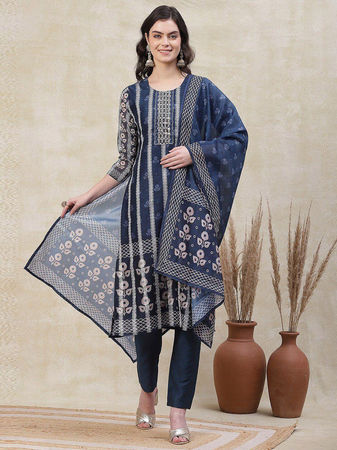 fashor women blue ethnic motifs printed regular mirror work chanderi silk kurta with trousers & with dupatta