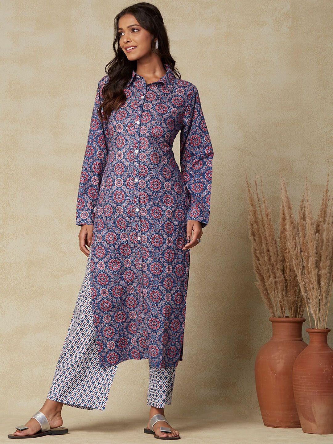 fashor women blue ethnic motifs printed regular pure cotton kurta with palazzos