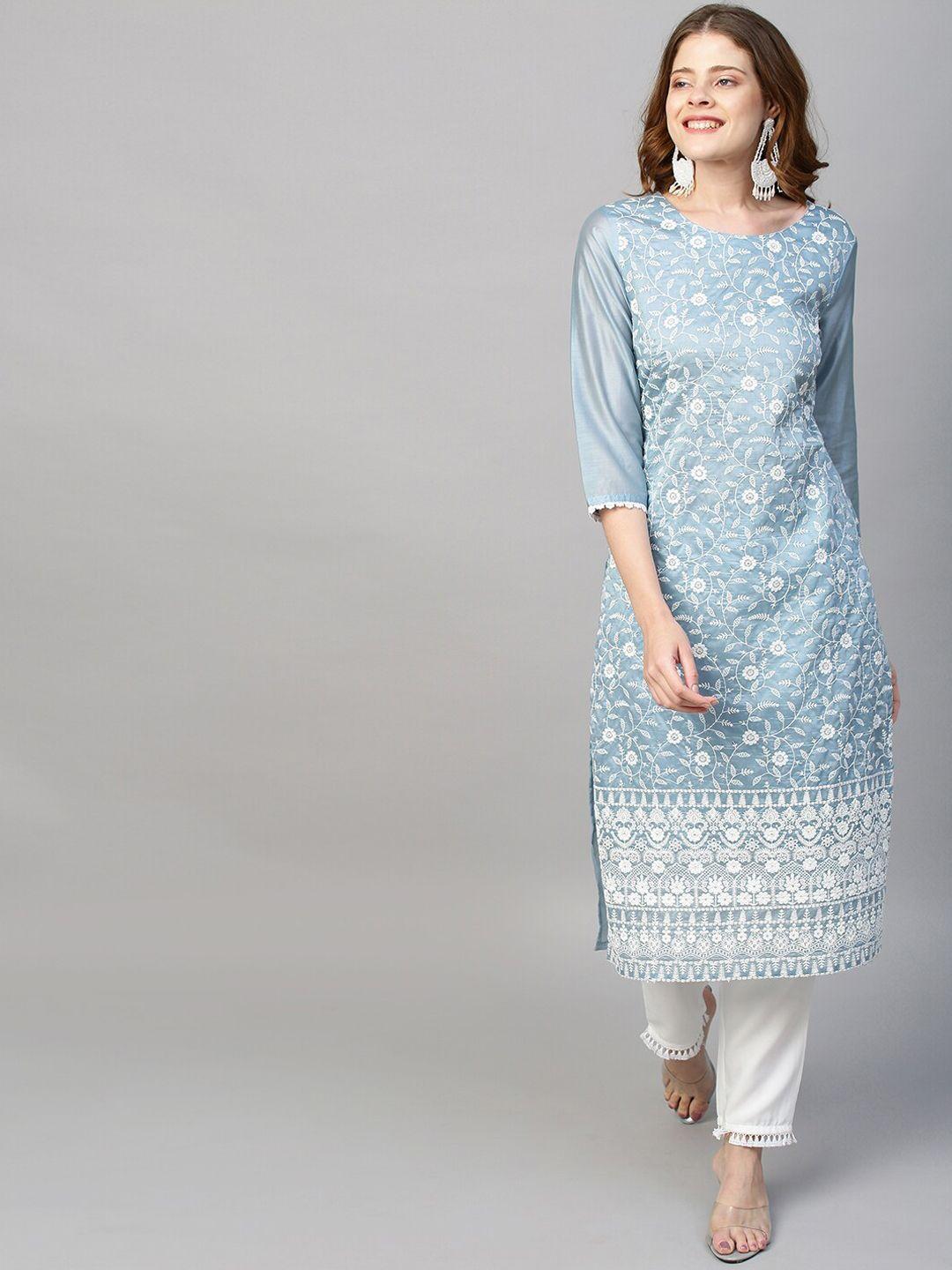 fashor women blue floral embroidered empire chikankari kurta with trousers & with dupatta