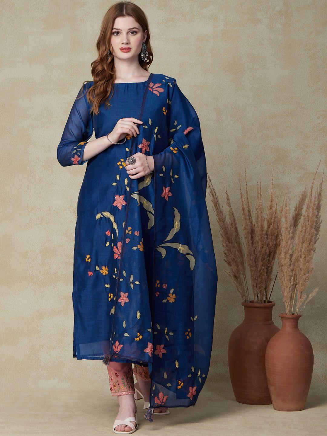 fashor women blue floral embroidered gotta patti chanderi silk kurta