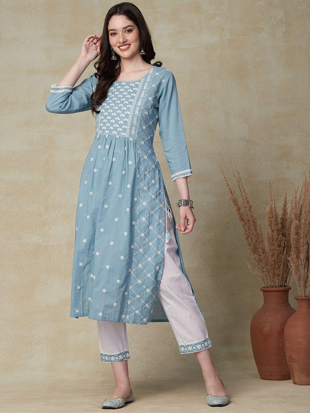 fashor women blue floral embroidered pleated thread work pure cotton kurta with trousers