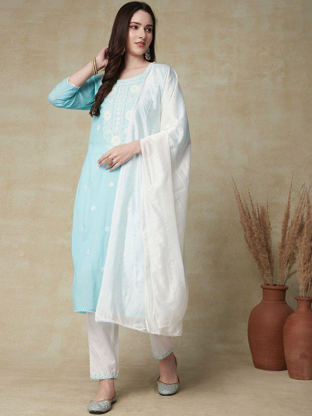 fashor women blue floral embroidered regular chikankari pure cotton kurta with trousers & with dupatta