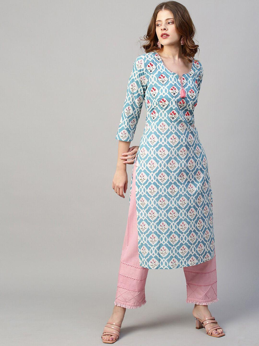 fashor women blue floral printed flared sleeves thread work kurta