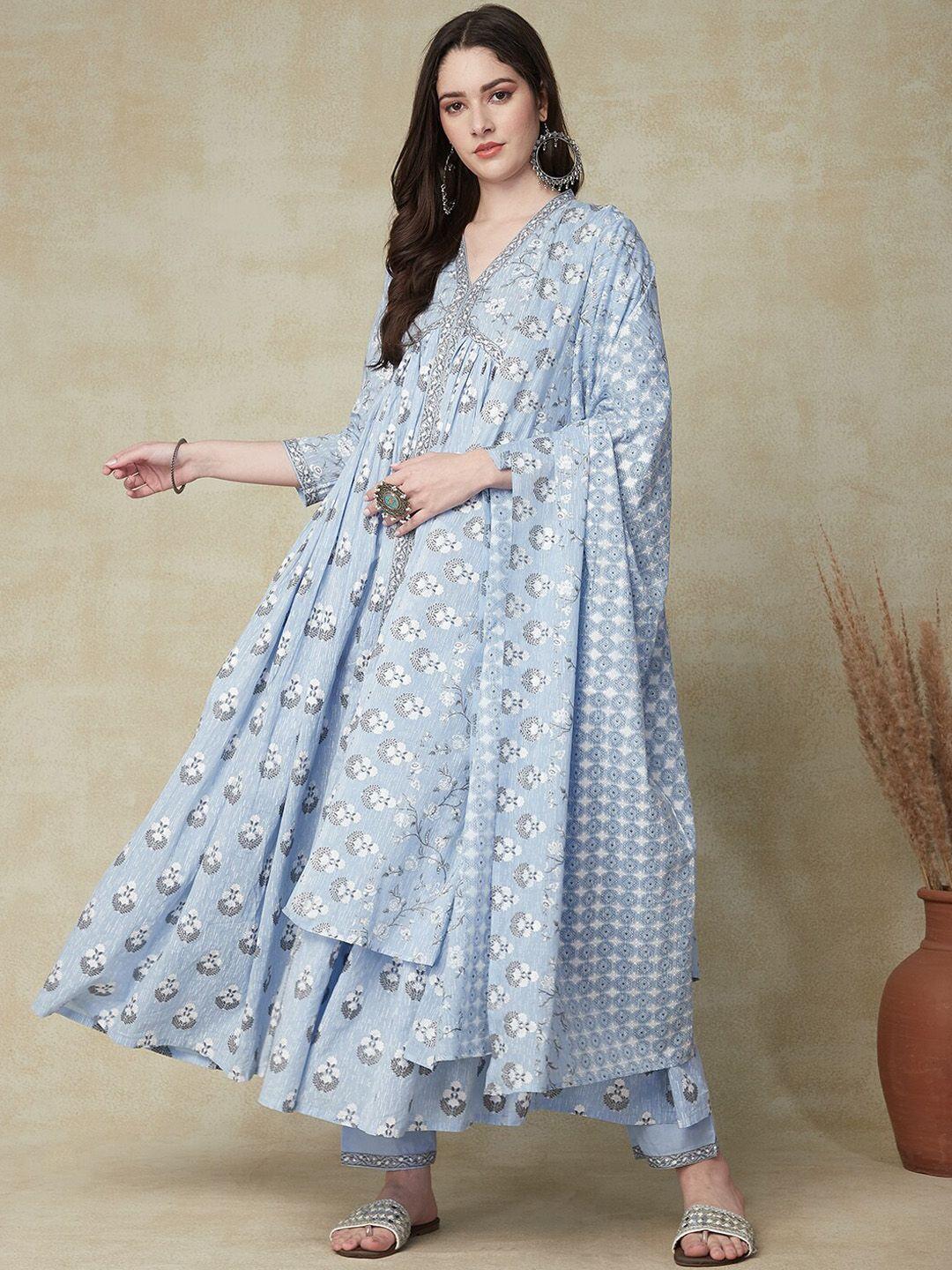 fashor women blue floral printed pleated mirror work pure cotton kurta with trousers & with dupatta
