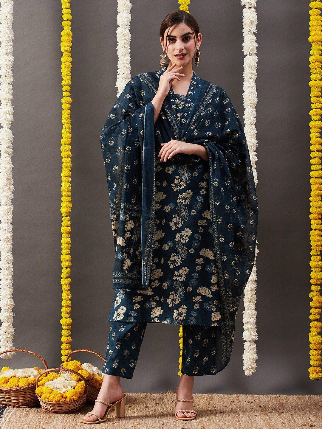 fashor women blue floral printed regular mirror work pure cotton kurta with trousers & with dupatta