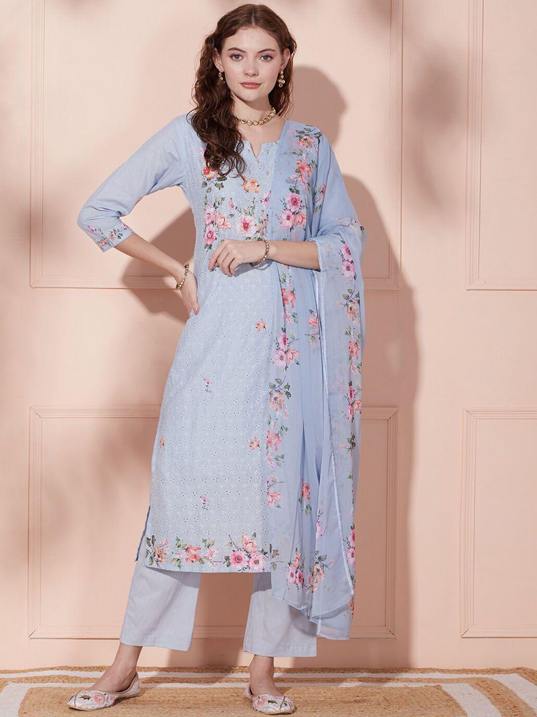 fashor women blue floral printed regular thread work pure cotton kurta with trousers & with dupatta