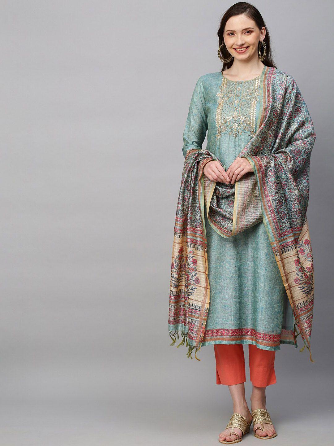 fashor women blue geometric printed flared sleeves mirror work chanderi silk kaftan kurta