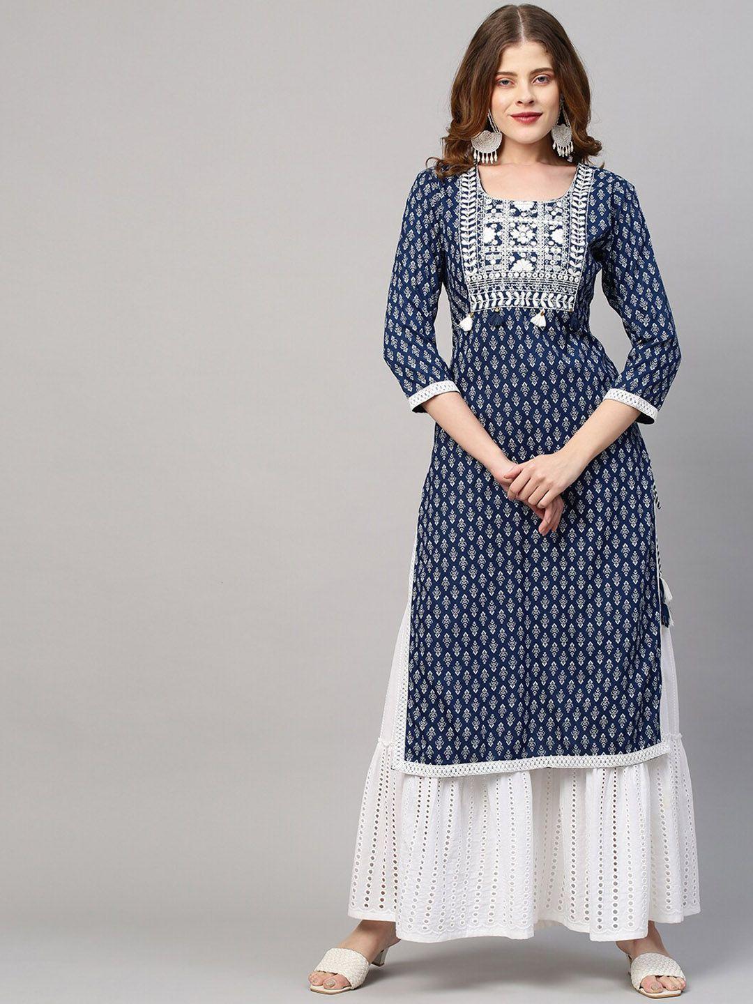 fashor women blue geometric printed mirror work kurta