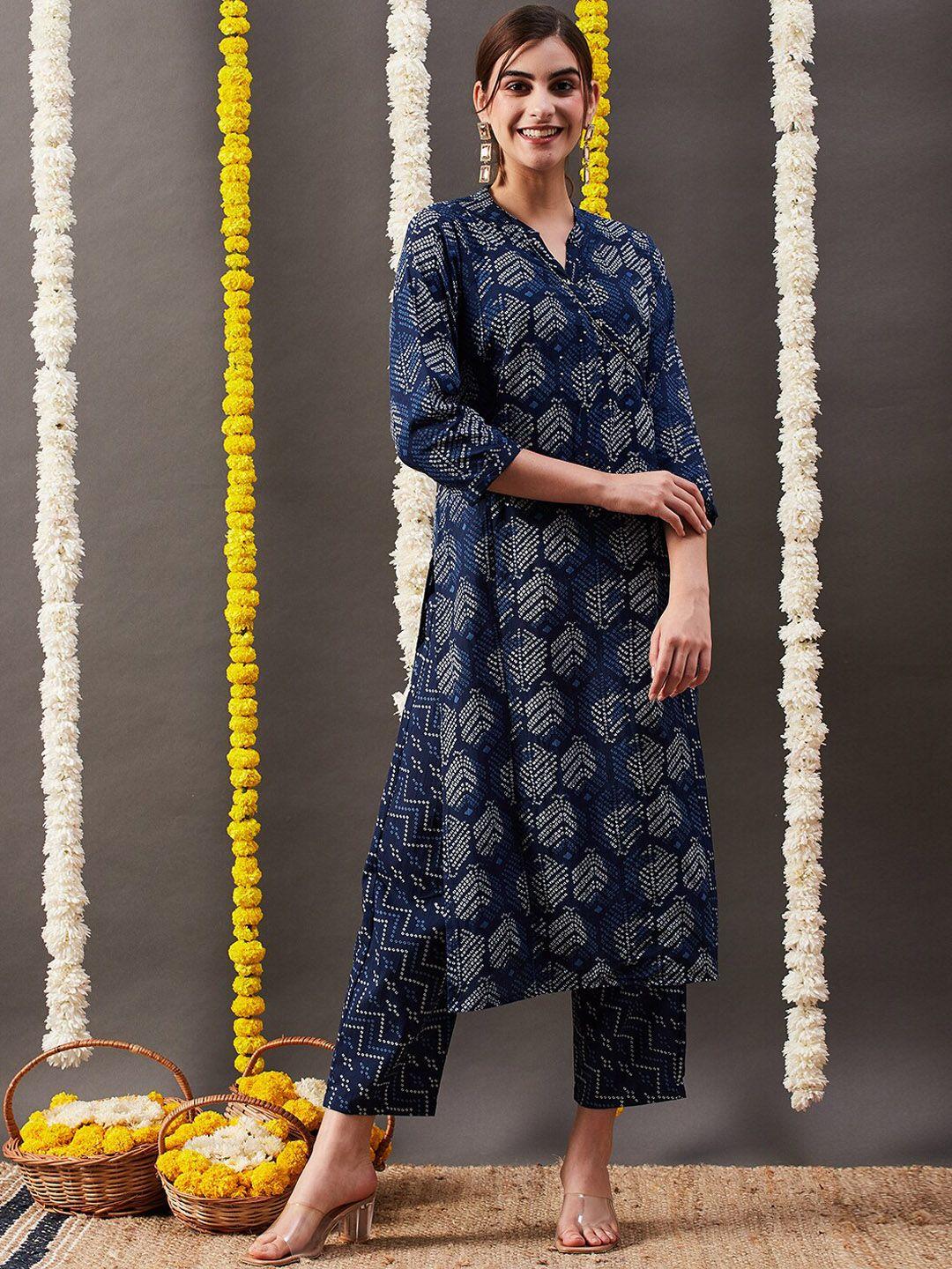 fashor women blue printed panelled sequinned pure cotton kurta with trousers