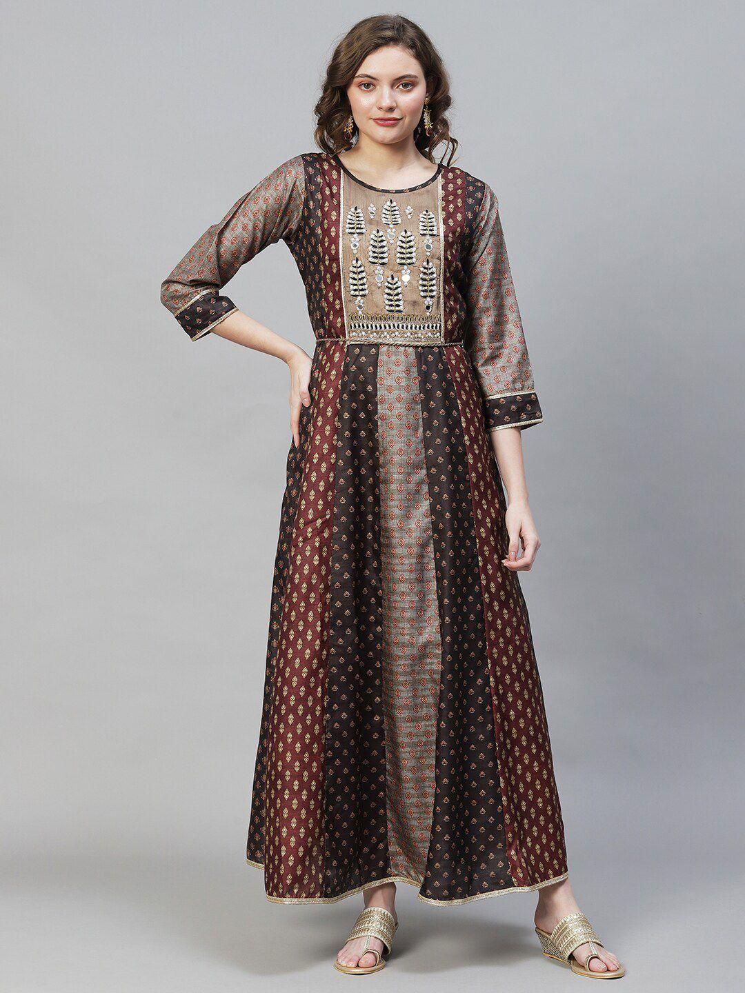 fashor women brown & coffee brown ethnic motifs maxi dress