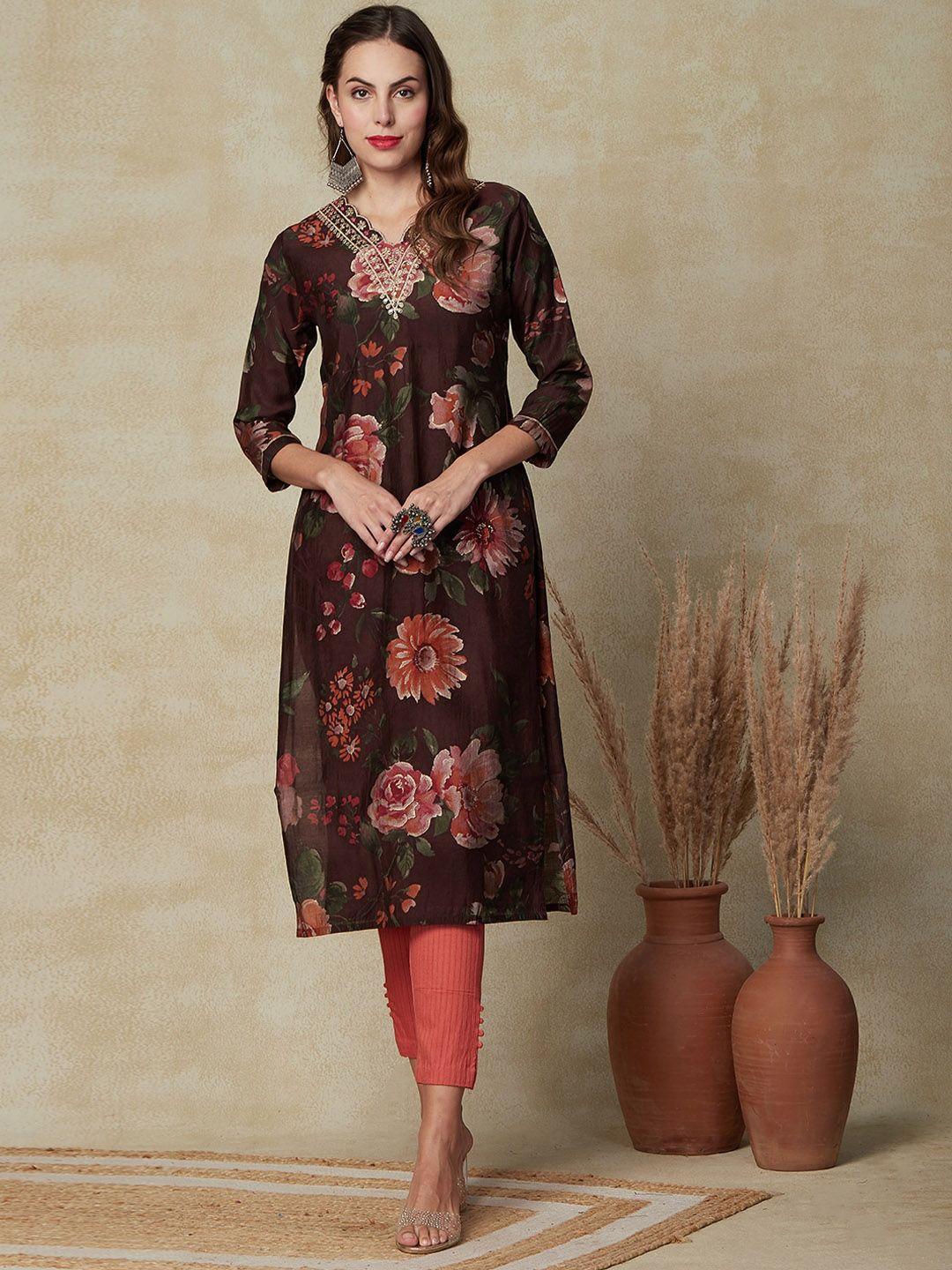 fashor women brown embroidered sequinned kurta