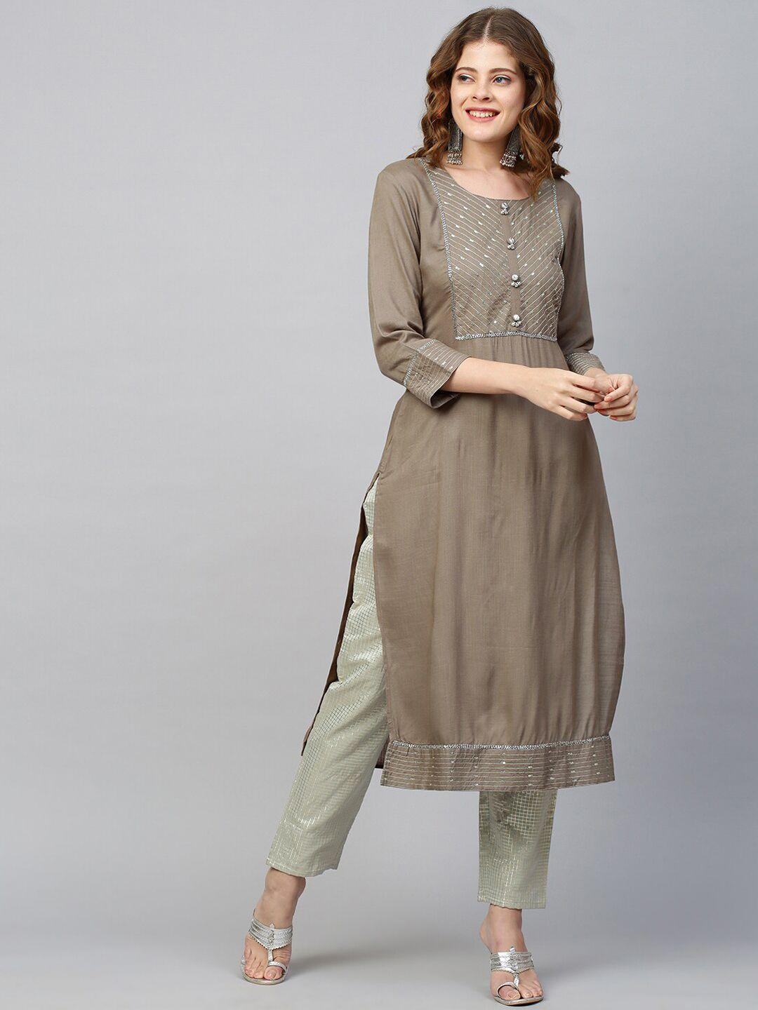fashor women brown embroidered yoke design straight kurta