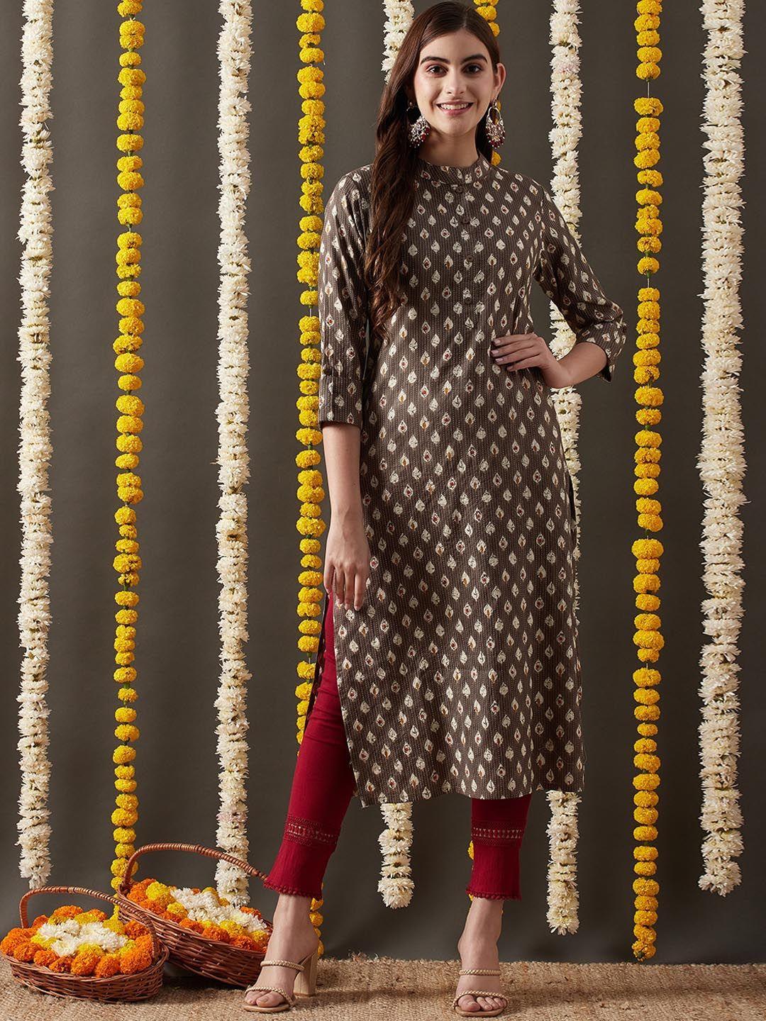 fashor women brown ethnic motifs kantha work kurta